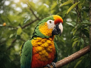 Obraz premium Close up colorful bird Ara on green tree. AI Generated.
