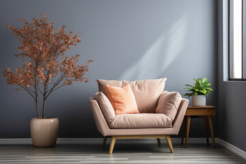 Elevate your comfort zone with a soft color single sofa chair, accompanied by a delightful little plant, against a sleek solid wall featuring a blank empty white frame.