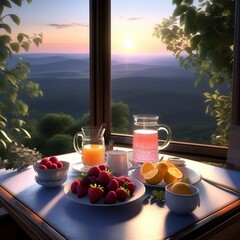 Mesa posta para o café da manhã ao lado de uma janela com linda paisagem ao nascer do sol. (gerado com IA) - obrazy, fototapety, plakaty