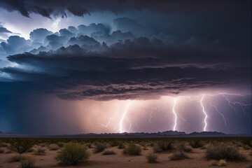 Dramatic view of heavy thunder storm coming over the desert