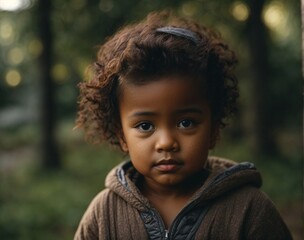 close up kid dark skin on the street. AI Generated.