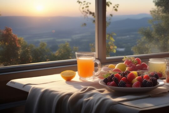 Mesa posta para o caf&eacute; da manh&atilde; ao lado de uma janela com linda paisagem ao nascer do sol. (gerado com IA)