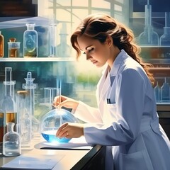 Fototapeta premium Mulher jovem, cientista, em seu trabalho no laboratório. Gerado com IA (Playground AI)