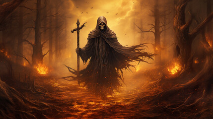 skeletal grim reaper holding scythe walking forward - obrazy, fototapety, plakaty