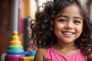Retrato de uma criança, menina, cinco anos, latino americana, sorrindo para a câmera, ao fundo brinquedos infantis. Gerado com IA (Leonardo AI) - obrazy, fototapety, plakaty
