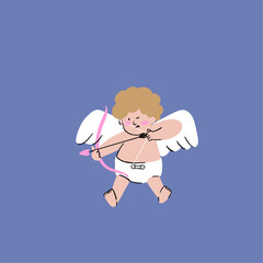 A hand drawn illustration of a chubby Cupid holding the bow and aiming down to the lovely couples with the love arrow