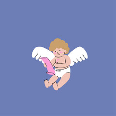 A hand drawn illustration of a chubby Cupid writing a love letter or writing the couple list