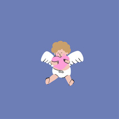 A hand drawn illustration of a self love chubby Cupid hugging a heart shape balloon