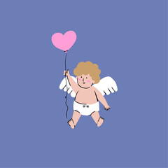 A hand drawn illustration of a chubby Cupid are holding a love shape balloon