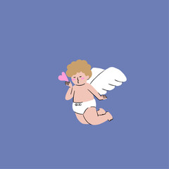 A hand drawn illustration of a chubby Cupid spreading love by giving kisses