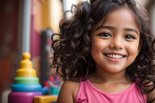 Retrato de uma crian&ccedil;a, menina, cinco anos, latino americana, sorrindo para a c&acirc;mera, ao fundo brinquedos infantis. Gerado com IA (Leonardo AI)