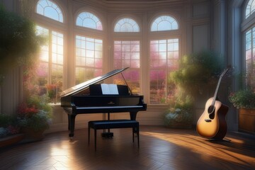 Piano e violão em uma sala com grandes janelas ao por do sol., ilustração gerada com IA - obrazy, fototapety, plakaty