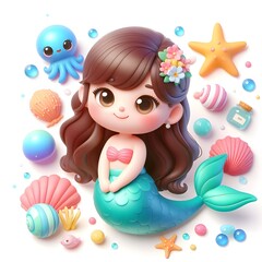 Obraz na płótnie Canvas Cute 3D Mermaid Colorful illustration background