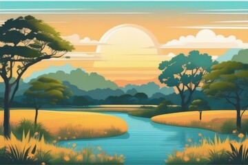 Ilustração com paisagem de Savana, bioma  típico de regiões de clima tropical , gerado com IA (Playground AI) - obrazy, fototapety, plakaty