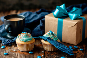 happy fathers days breakfast with coffee and cupcake on wooden table
