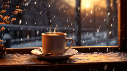 cup of hot black coffee, cappuccino on table near window with scenic blurred winter background