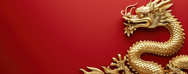 Golden dragon on a red background for design. Background with dragon and copy space. View from above.