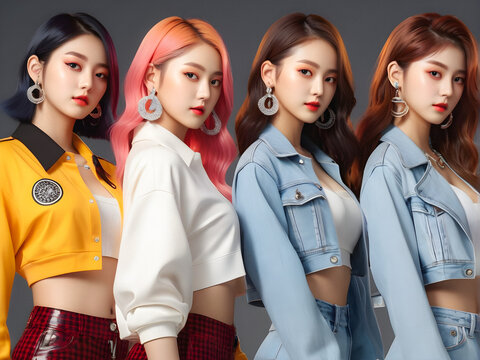 Radiant Harmony: Group Shot of a K-Pop Girl Group, Each Member Showcasing Unique Look and Style. generative AI