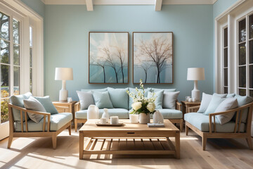 Fototapeta na wymiar Elevate your living room with the understated charm of light blue and aqua sofas. 