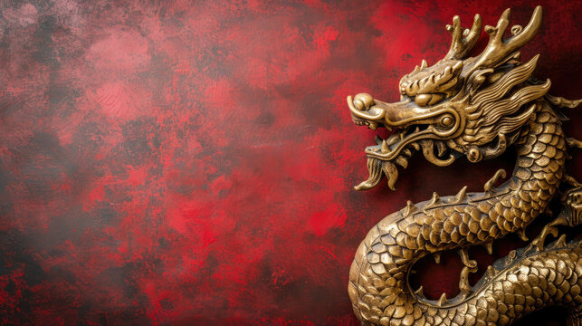 Golden dragon on a beautiful red background for design. Background with dragon and copy space. Top view.