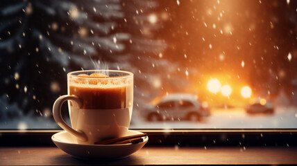 cup of hot black coffee, cappuccino on table near window with scenic blurred winter background