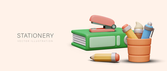 Concept of stationery. Composition with files, stapler, orange cup with pen, brush, and pencil