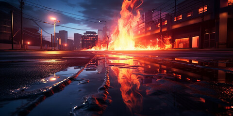 The burning modern city, Flames are seen in the city at night as a fire burns 