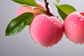 Fresh peaches with raindrops. Natural fruits growing on a tree in summer. Delicious and healthy organic food. Generative AI