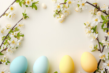 Naklejka na ściany i meble Easter decor concept. Easter eggs, cherry twigs with flowers for background with place for text. Top view.