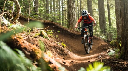 Mountain biker on a trail, riding away, dense forest setting, focus on bike and rider, natural light filtering through trees, sense of adventure and speed .