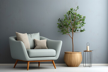 Elevate your space with a gentle color single sofa chair, accompanied by a cute little plant, and a blank empty white frame on a minimalist solid wall for your personalized text.
