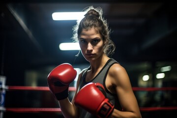 Portrait of an active girl in her 30s practicing boxing in a ring. With generative AI technology - obrazy, fototapety, plakaty