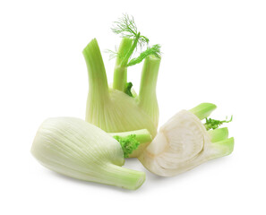 Whole and cut fennel bulbs isolated on white