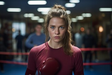 Portrait of a concentrated girl in her 30s practicing boxing in a ring. With generative AI technology - obrazy, fototapety, plakaty
