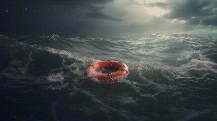 Lifebuoy floating on sea in storm weather - obrazy, fototapety, plakaty