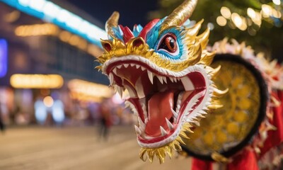 Fototapeta na wymiar The Chinese dragon has fully opened its mouth. Chinese traditional dragon dance.