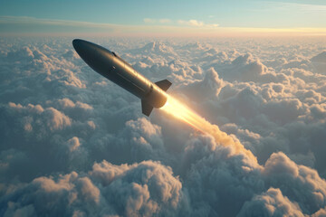 A rocket with a warhead, launched towards a target, flies in the air against the background of clouds. Nuclear charge.