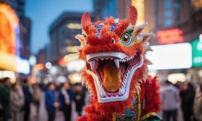 Chinese dragon dance at the crossroads of the city. Chinese traditional dragon dance.
