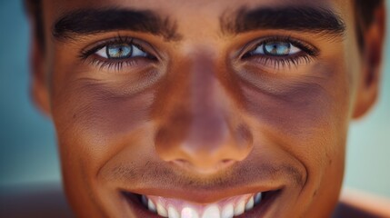 Close up portrait of a caucasian sun-tanned man with toothy smile on sunny background with perfect skin and veneer teeth