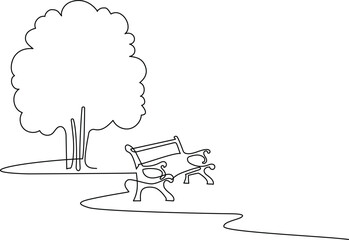 Wooden bench on a path in a garden or park. A place to relax in nature. Continuous line drawing. Vector illustration.