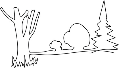Landscaped park with paths and trees. A place to relax in nature. Continuous line drawing. Vector illustration. autumn