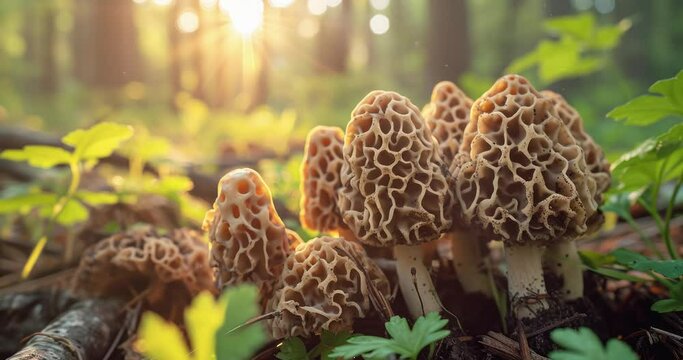 a close up of delicious fresh morels in the woods in the morning light with copy space