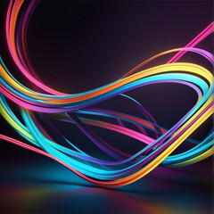 3d render. Abstract background of dynamic neon lines glowing in the dark, floor reflection, background with lines, Modern wallpaper with glowing neon lines. Created using generative AI