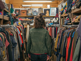 Fototapeta na wymiar A person shopping for second-hand clothing in a thrift store
