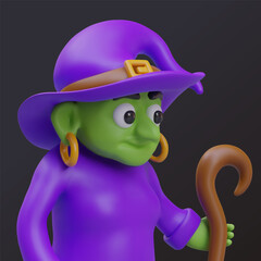 3D witch with green face. Sorceress in hat on black background. Magical character looks away. Template for web games, applications, advertising. Halloween concept