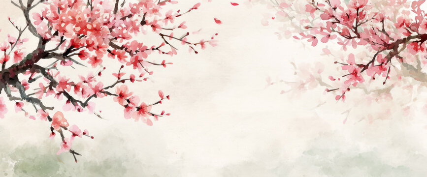 Artistic frame of cherry blooming trees, pink blossoms and green leaves to celebrate spring.