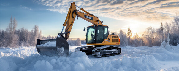 Modern excavator on winter road. snow remove from the road with an excavator heavy machine.