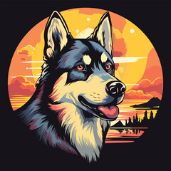 Vintage Siberian Husky dog Sunset beach vector illustration, Retro Siberian Husky Dog Tshirt Design © Teras One