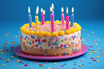 Vibrant birthday cake with bright candles and festive decorations against a blue background