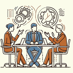  A dynamic group of professionals brainstorming ideas at a table, exchanging thoughts through speech bubbles. A perfect business concept illustration